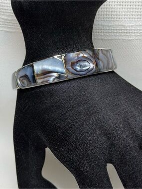 VTG Handmade Philippine Abalone Shell Inlay Cuff Bracelet Rhodium Boho Coastal